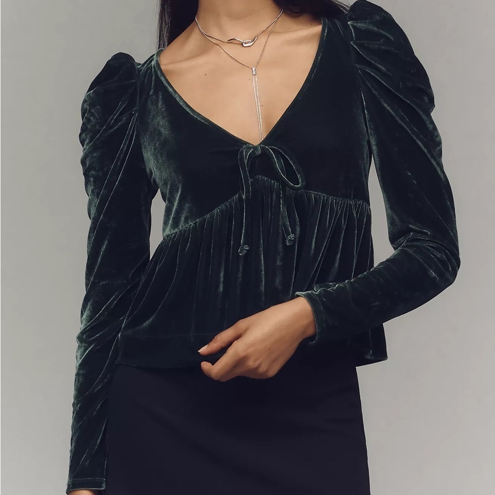 Maeve Anthropologie Velvet Babydoll Top Deep Green Blouse Size Large
